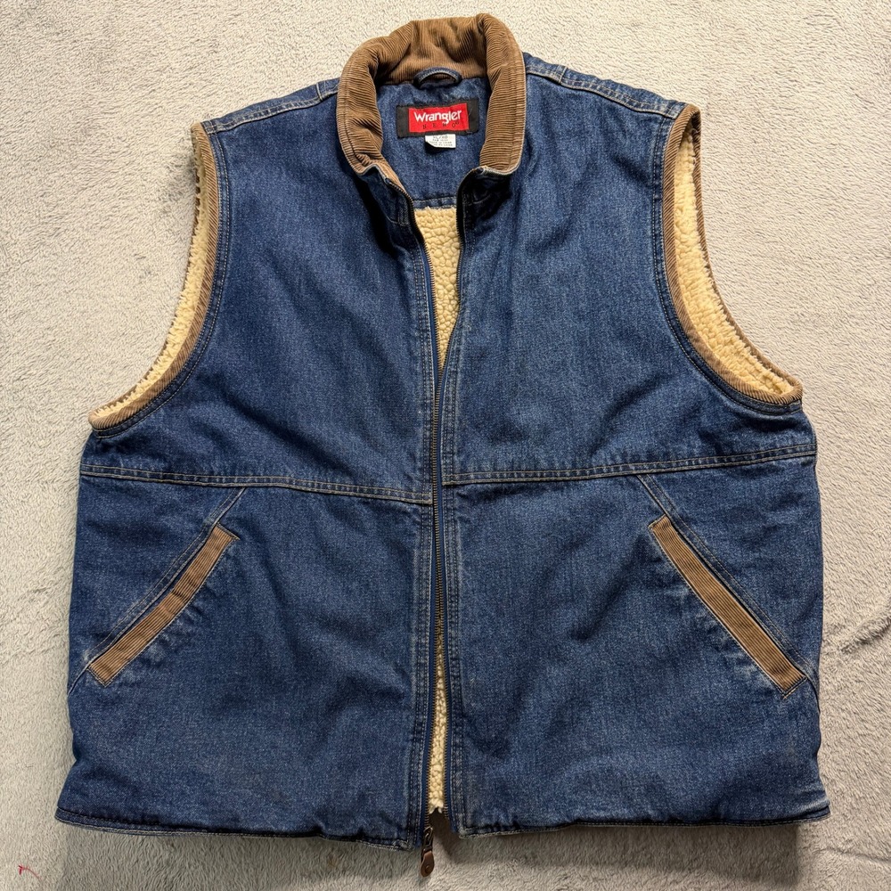 Wrangler Hero Mens Blue Denim Sherpa Lined Vest Corduroy Trim XL